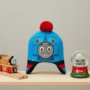 Thomas & Friends Toddler Beanie Hat | Blue Red Pom Pom Fleece Lined Winter Gear
